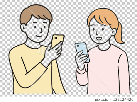 Illustration of a young man and woman looking at a smartphone Illustration of a young man and woman looking at a smartphone 128124426