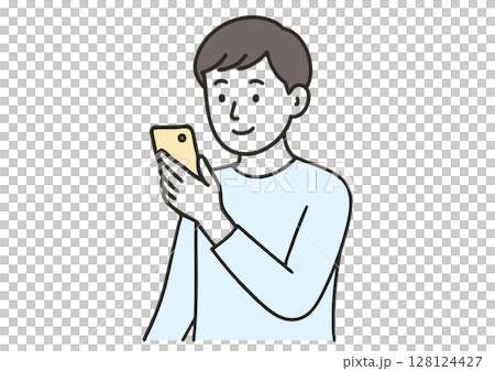 一個年輕人看著智能手機的插圖 128124427