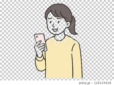 スマートフォンを見る若い女性のイラスト 128124428