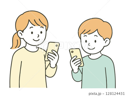 スマートフォンを見る子どもの男女のイラスト 128124431
