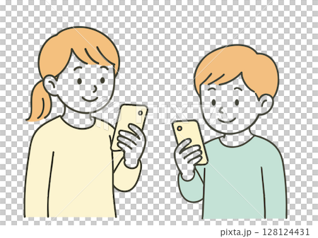 Illustration of a boy and girl looking at a smartphone 128124431