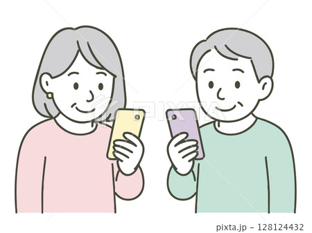 スマートフォンを見るシニア男女のイラスト 128124432