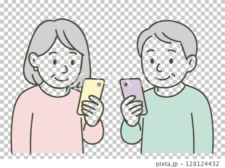 Illustration of senior men and women looking at smartphones 128124432