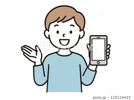 スマートフォンを紹介する男の子のイラスト 128124433