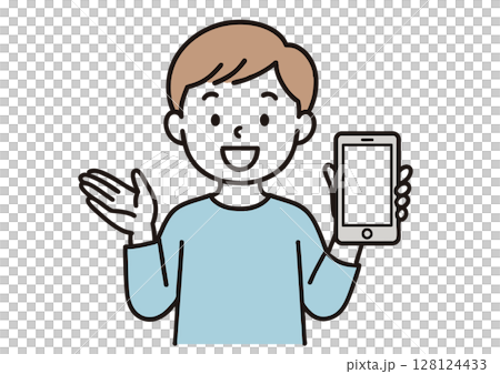 スマートフォンを紹介する男の子のイラスト 128124433