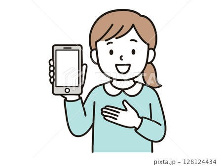 スマートフォンを紹介する女の子のイラスト 128124434