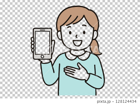 スマートフォンを紹介する女の子のイラスト 128124434