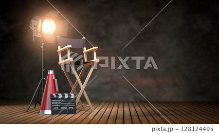 Empty director chair illuminated by spotlight. Film production and movie backstage. 3d illustration 128124495