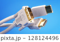 Various types of digital video cables plugs and display connectors. HDMI, Display port and DVI cables. 3d illustration 128124496