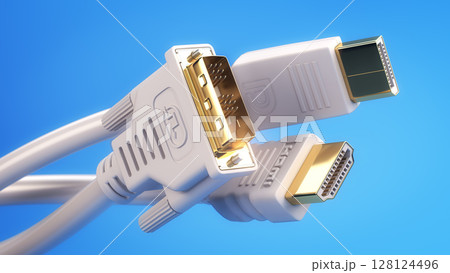 Various types of digital video cables plugs and display connectors. HDMI, Display port and DVI cables. 3d illustration 128124496