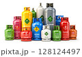 Different industrial liquefied gas containers, tanks and bottles with different gases. 3d illustration 128124497