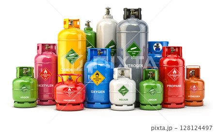 Different industrial liquefied gas containers, tanks and bottles with different gases. 3d illustration 128124497