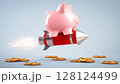 Piggy bank flying on a rocket. Financial growth and success investment concept. 3d illustration 128124499