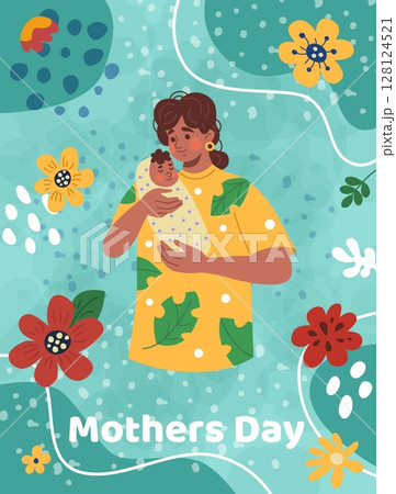 Mother day card. Happy mom hold newborn baby. Child breastfeeding, motherhood and childhood. Abstract flower background. Poster design. Loving family. Vector cartoon flat style isolated illustration 128124521