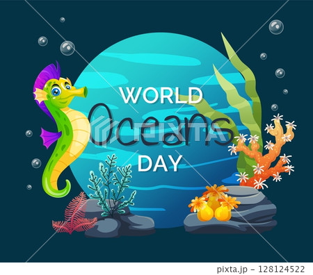 World ocean day. Underwater animals. Marine nature ecosystem save. Ecology protection. Coral reef and seahorse. Environment conservation awareness holiday. International event banner vector design 128124522