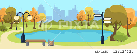 Park public with lake. Urban street garden with wooden benches and light lamp. Summer landscape. Town skyline. Outdoor seats and flashlights. Grass lawn. Plant trees. Vector empty cityscape background 128124526