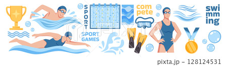 Swimmer sport competition. Abstract swim training. Summer pool. Athletic motion. Water action. Event swimwear. Tournament win award. Goggles and fins. Championship background. Vector garish design 128124531
