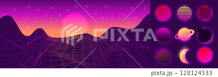 Wave retro. Neon mountain. Synth sun. Planet surface. Moon circles. Wireframe landscape in 80s style. Grid structure. Laser sunset. Glitch effect. Sci-fi space. Vector garish futuristic background 128124533