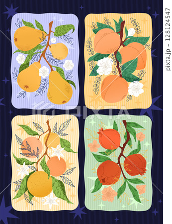 Fruit poster. Pear branch, peach tree, orange fruit, pomegranate leaves. Vintage botanical design. Retro food, summer harvest season. Vector art botanical trendy design cartoon flat style isolated set 128124547