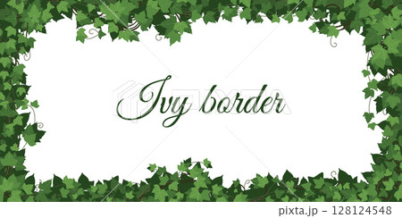 Ivy border. Plant climbing. Leaf tree, grass wall. Floral interior garden. Green jungle with architecture. Natural design. Horizontal banner template with copy space. Vector organic decorative foliage 128124548