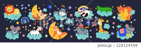 Cute animal sleeping. Baby dream pattern. Cartoon kid lion and hippo. Sweet koala on moon. Sloth in hammock on cloud. Sleepy elephant on star. Children illustrations set. Vector childish tidy drawing Cute animal sleeping. Baby dream pattern. Cartoon kid lion and hippo. Sweet koala on moon. Sloth in hammock on cloud. Sleepy elephant on star. Children illustrations set. Vector childish tidy drawing 128124549