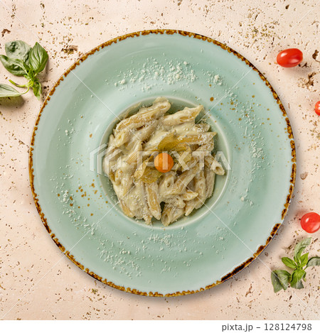 Delicious penne pasta with cheese sauce 128124798