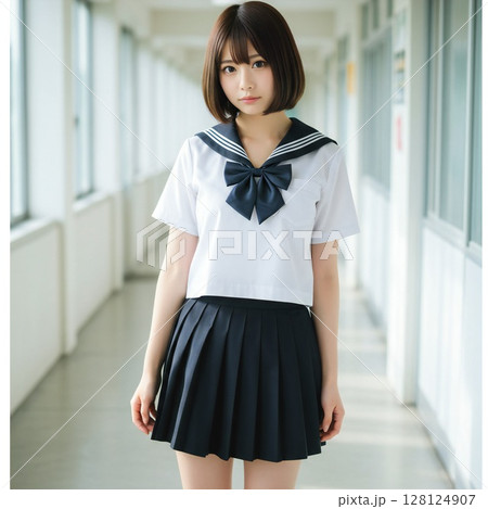 廊下に立つセーラー服の女子高生 128124907