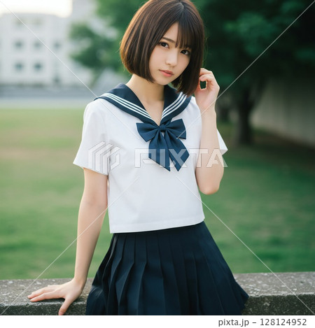 学校で待ち合わせするセーラー服の女子高生 学校で待ち合わせするセーラー服の女子高生 128124952