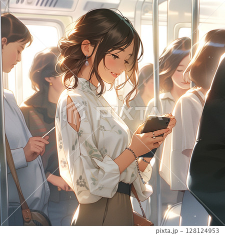 微笑みながら電車内でスマホを見る女性の横顔 出勤、仕事帰り 微笑みながら電車内でスマホを見る女性の横顔 出勤、仕事帰り 128124953