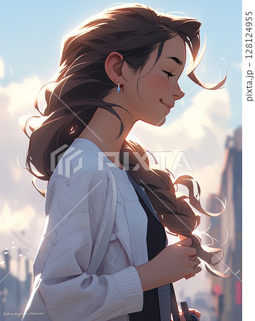 微笑みながら街中を歩く女性の横顔　出勤、仕事帰り　 128124955