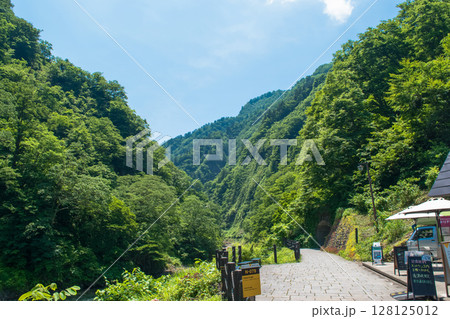 清津峡の渓谷と清津川と清津峡渓谷トンネルの入り口 清津峡の渓谷と清津川と清津峡渓谷トンネルの入り口 128125012