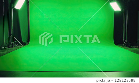 Photo of a professional large green screen and lighting equipment 128125399