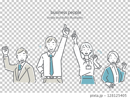 Simple and stylish line drawing illustrations of business people of various generations working hard and energetically 128125405