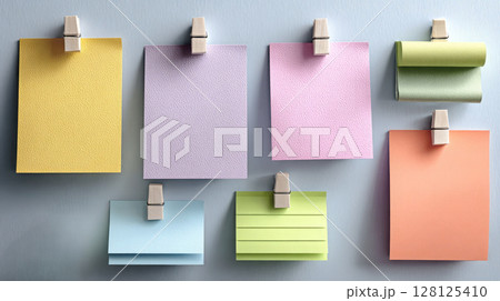 Colorful pastel paper notes hanging on clips against a soft blue background. Minimalist layout for reminders, planning, or creative mood board inspiration 128125410