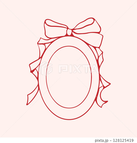 Vintage oval frame with bow in red color. Hand drawn illustration in sketch style. Outline vector. Charming Ink Doodle for Valentine or Wedding Illustration. Vector illustration 128125419
