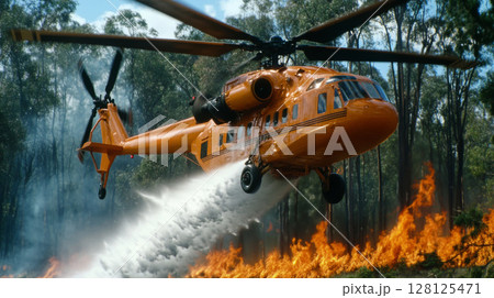 Helicopter battles fierce wildfire, dropping water over flames in remote woodland area, showcasing bravery of firefighters on front lines at critical time 128125471