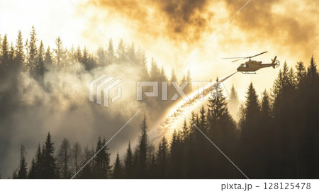 Helicopter dropping water on wildfire near forest during late afternoon in remote area to combat blaze and protect wildlife and vegetation from destruction 128125478