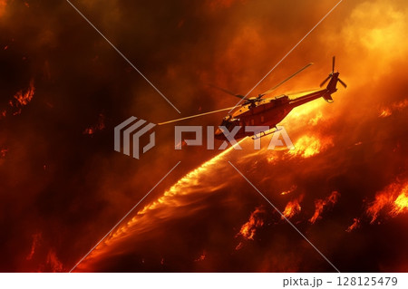 Helicopter battling fierce wildfire in dramatic landscape, showcasing aerial firefighting effort amidst raging flames and thick smoke, demonstrating urgency and cooperation 128125479