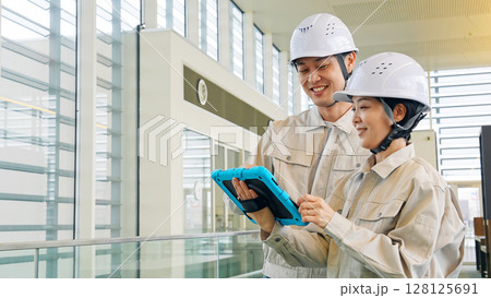 タブレットPCを見ながらビルの室内を点検する男女エンジニア 128125691