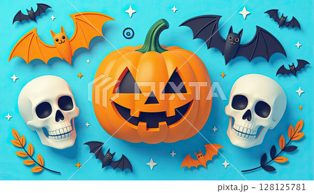 soft blue paper space, flat lay composition, with 3D catoon three pumpkins, skull, ghost and bat, net spooky elements for scary night decoration, copy space 128125781
