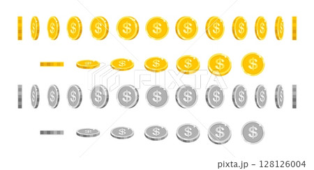 Golden and silver coins. Cartoon animation coin. Rotating gold and silver money for game, app, website. Different animated angles flip and rotate. Various round dollar views. Vector set 128126004