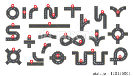 Road path. Navigation highway with pointer. Asphalt highway top view direction, route traffic, street roadmap. Gps location pin for destination path. Street roads plan kit. Vector set 128126005