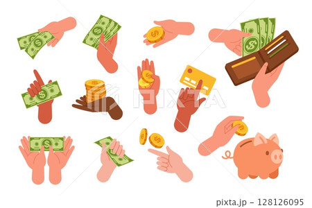 Money in hand. Hands holding coins and banknotes. Various human arm gestures with wallet, palm paying with paper banknote. People saving money in piggy bank, counting money. Vector set 128126095