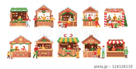 Christmas market stalls with people. Winter festival outdoor kiosks. Sellers and buyers at Xmas fair, sweets, drinks, gifts, food festive shops. Holiday celebration. Vector collection Christmas market stalls with people. Winter festival outdoor kiosks. Sellers and buyers at Xmas fair, sweets, drinks, gifts, food festive shops. Holiday celebration. Vector collection 128126110