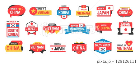 Made in Asian country badges. Made in Japan, China, South Korea, Vietnam labels. Quality product sticker with Made in Japanese, Chinese, Vietnamese, Korean flags. Vector emblems set Made in Asian country badges. Made in Japan, China, South Korea, Vietnam labels. Quality product sticker with Made in Japanese, Chinese, Vietnamese, Korean flags. Vector emblems set 128126111