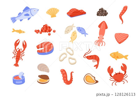 Seafood. Cartoon marine food. Ocean fish, salmon, oyster, tuna, crab, shrimp, shellfish caviar, squid canned fishes products. Healthy fresh sea animal. Vector elements for cafe menu Seafood. Cartoon marine food. Ocean fish, salmon, oyster, tuna, crab, shrimp, shellfish caviar, squid canned fishes products. Healthy fresh sea animal. Vector elements for cafe menu 128126113