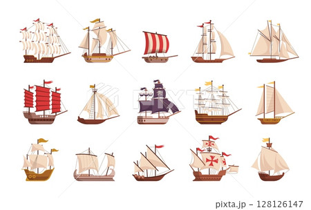 Old ship. Cartoon wooden sailboat. Vintage sea transportation. Sailing vessel, pirate ship, antique historic boat, schooner, frigate warship. Ship rigging, sails, masts vector set 128126147