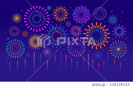 Festive colorful firework. Holiday fireworks and sparklers. Celebration party pyrotechnics firecracker explosion in dark sky with glitter and stars. Vector carnival composition 128126153