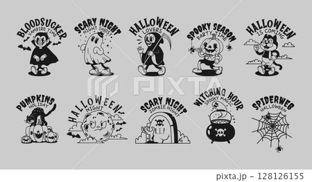 Comic Halloween characters. Retro spooky mascots with lettering. Funny pumpkins and cats, vampire, death, black cat, magic cauldron. Scary Happy Halloween vector set 128126155