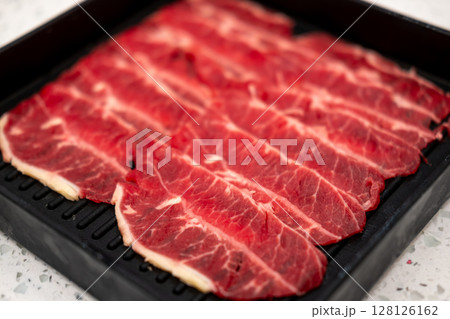 Close up of sliced oyster blade, raw meat. prepared for cooking 128126162